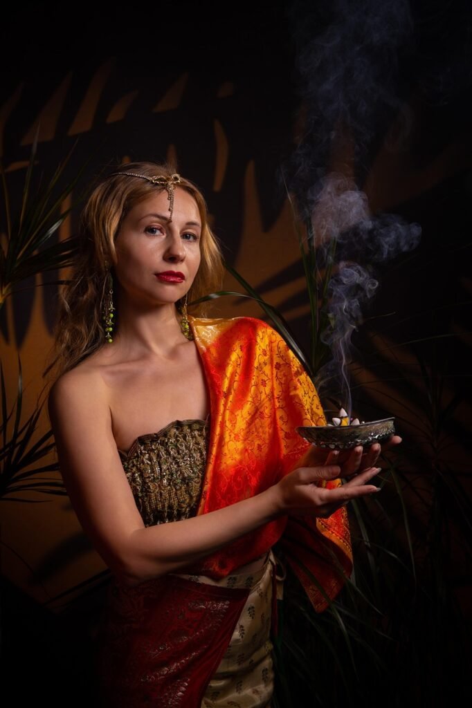 woman, model, jungle, incense, nature, asia, shaman, witch, fortune teller, indian style, sari, incense sticks, fantasy